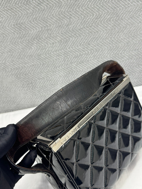 Chanel Vanity Case Vintage Black Patent Leather Silver Clasp Hardware