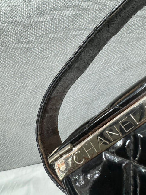 Chanel Vanity Case Vintage Black Patent Leather Silver Clasp Hardware