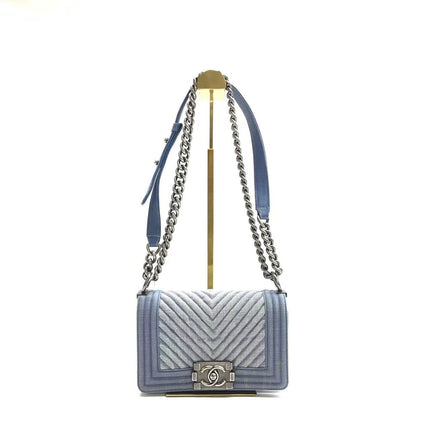 Chanel Le Boy Small Denim Blue Jeans Chevron Stitching Silver Hardware-Luxbags