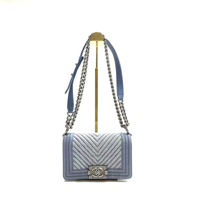 Chanel Le Boy Small Denim Blue Jeans Chevron Stitching Silver Hardware-Luxbags