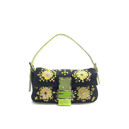 Fendi Baguette Black Cloth Multicolor Embroidery Green Lizard Skin Strap-Luxbags