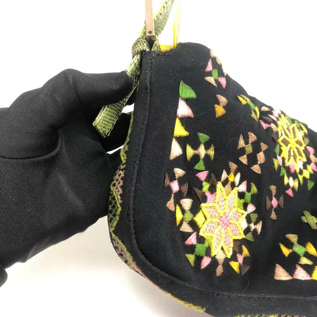 Fendi Baguette Black Cloth Multicolor Embroidery Green Lizard Skin Strap