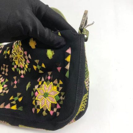 Fendi Baguette Black Cloth Multicolor Embroidery Green Lizard Skin Strap