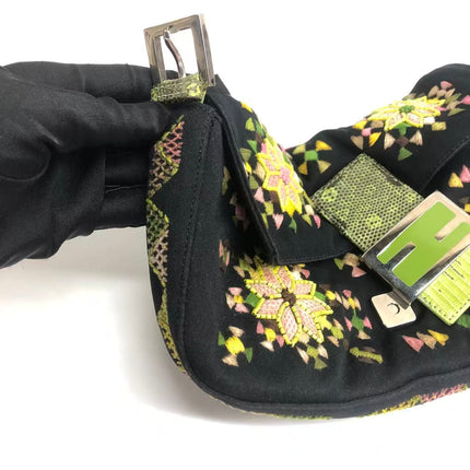 Fendi Baguette Black Cloth Multicolor Embroidery Green Lizard Skin Strap