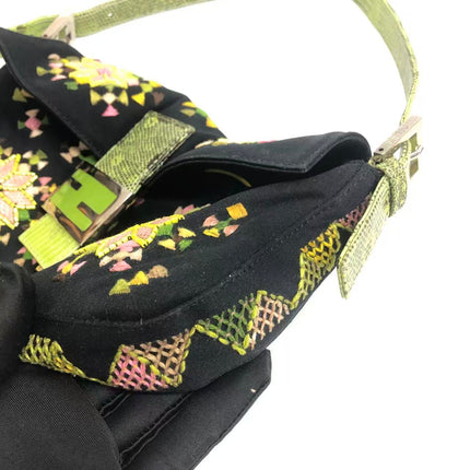 Fendi Baguette Black Cloth Multicolor Embroidery Green Lizard Skin Strap