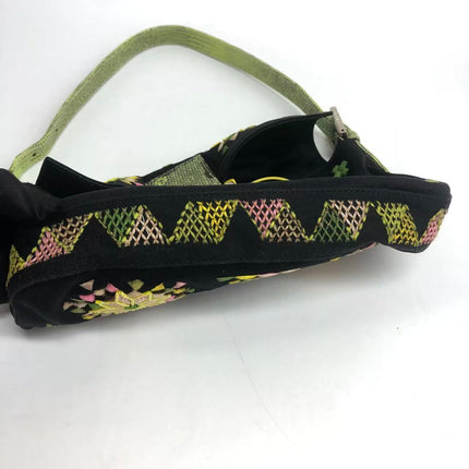 Fendi Baguette Black Cloth Multicolor Embroidery Green Lizard Skin Strap