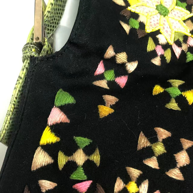 Fendi Baguette Black Cloth Multicolor Embroidery Green Lizard Skin Strap