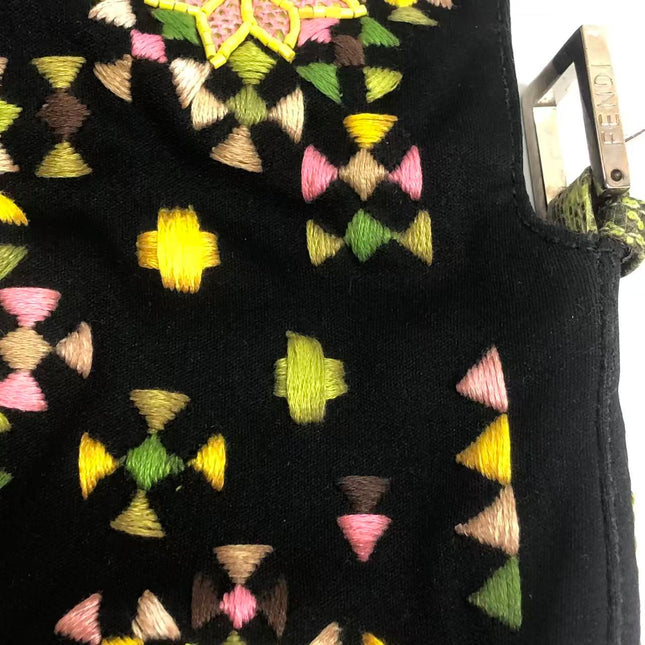 Fendi Baguette Black Cloth Multicolor Embroidery Green Lizard Skin Strap