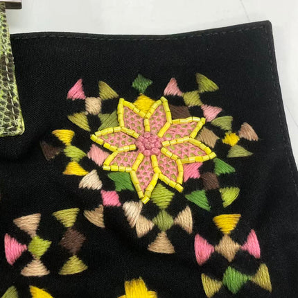 Fendi Baguette Black Cloth Multicolor Embroidery Green Lizard Skin Strap