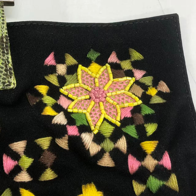 Fendi Baguette Black Cloth Multicolor Embroidery Green Lizard Skin Strap