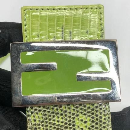 Fendi Baguette Black Cloth Multicolor Embroidery Green Lizard Skin Strap