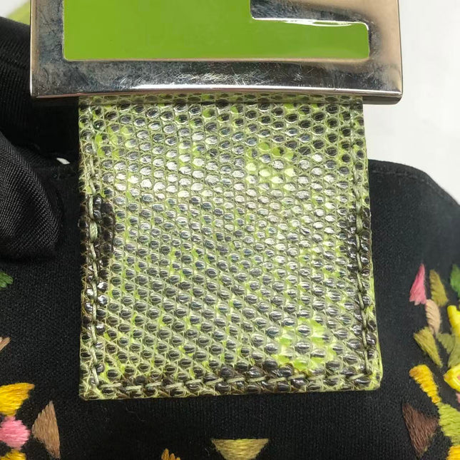 Fendi Baguette Black Cloth Multicolor Embroidery Green Lizard Skin Strap