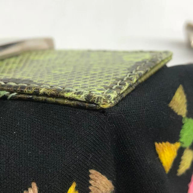 Fendi Baguette Black Cloth Multicolor Embroidery Green Lizard Skin Strap