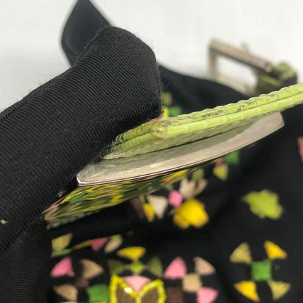Fendi Baguette Black Cloth Multicolor Embroidery Green Lizard Skin Strap