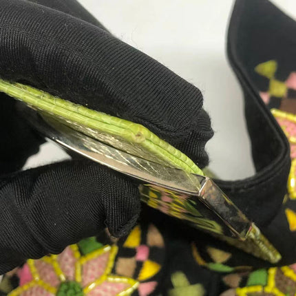 Fendi Baguette Black Cloth Multicolor Embroidery Green Lizard Skin Strap