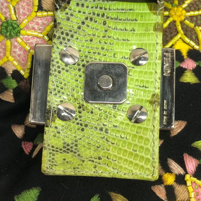 Fendi Baguette Black Cloth Multicolor Embroidery Green Lizard Skin Strap