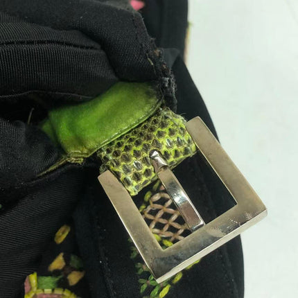 Fendi Baguette Black Cloth Multicolor Embroidery Green Lizard Skin Strap