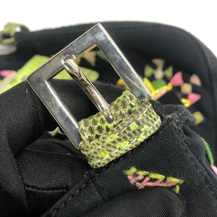 Fendi Baguette Black Cloth Multicolor Embroidery Green Lizard Skin Strap