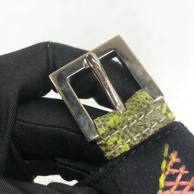 Fendi Baguette Black Cloth Multicolor Embroidery Green Lizard Skin Strap