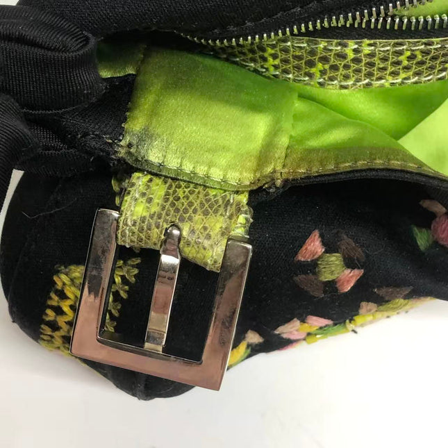 Fendi Baguette Black Cloth Multicolor Embroidery Green Lizard Skin Strap