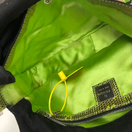 Fendi Baguette Black Cloth Multicolor Embroidery Green Lizard Skin Strap