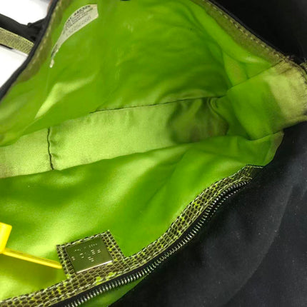 Fendi Baguette Black Cloth Multicolor Embroidery Green Lizard Skin Strap