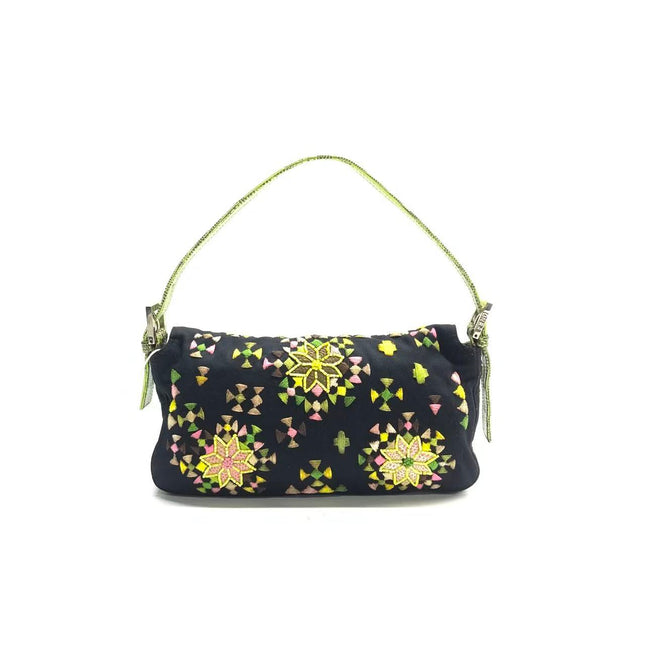 Fendi Baguette Black Cloth Multicolor Embroidery Green Lizard Skin Strap