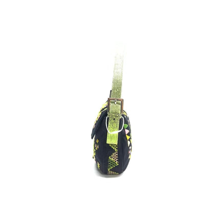 Fendi Baguette Black Cloth Multicolor Embroidery Green Lizard Skin Strap