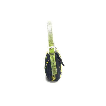 Fendi Baguette Black Cloth Multicolor Embroidery Green Lizard Skin Strap