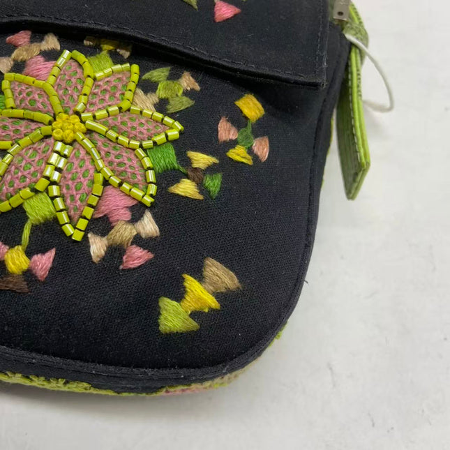 Fendi Baguette Black Cloth Multicolor Embroidery Green Lizard Skin Strap