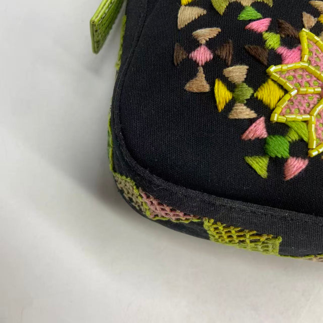 Fendi Baguette Black Cloth Multicolor Embroidery Green Lizard Skin Strap