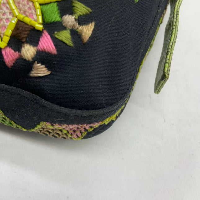 Fendi Baguette Black Cloth Multicolor Embroidery Green Lizard Skin Strap