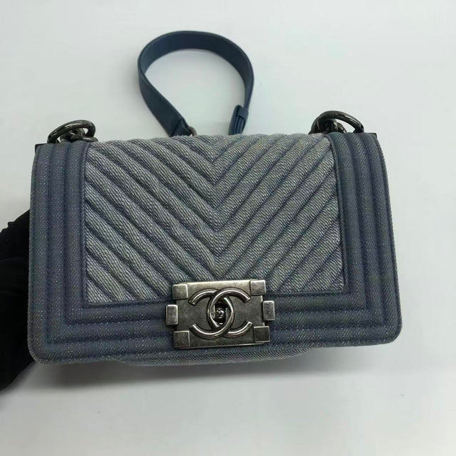 Chanel Le Boy Small Denim Blue Jeans Chevron Stitching Silver Hardware