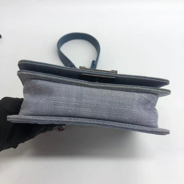 Chanel Le Boy Small Denim Blue Jeans Chevron Stitching Silver Hardware