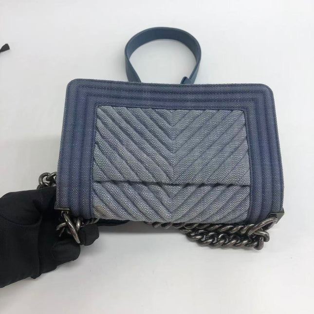 Chanel Le Boy Small Denim Blue Jeans Chevron Stitching Silver Hardware