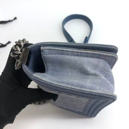 Chanel Le Boy Small Denim Blue Jeans Chevron Stitching Silver Hardware