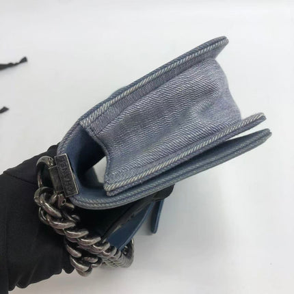 Chanel Le Boy Small Denim Blue Jeans Chevron Stitching Silver Hardware