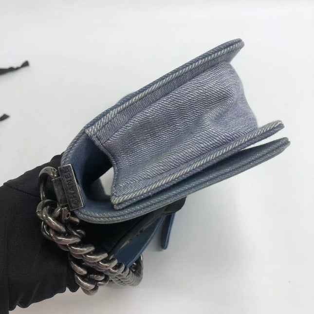 Chanel Le Boy Small Denim Blue Jeans Chevron Stitching Silver Hardware