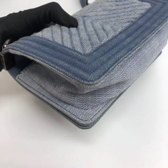 Chanel Le Boy Small Denim Blue Jeans Chevron Stitching Silver Hardware