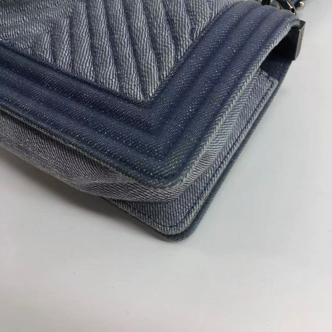 Chanel Le Boy Small Denim Blue Jeans Chevron Stitching Silver Hardware