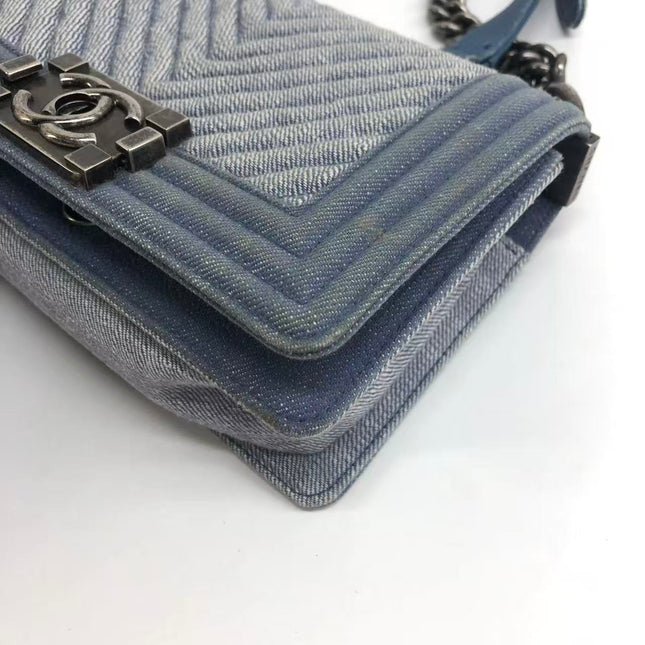Chanel Le Boy Small Denim Blue Jeans Chevron Stitching Silver Hardware