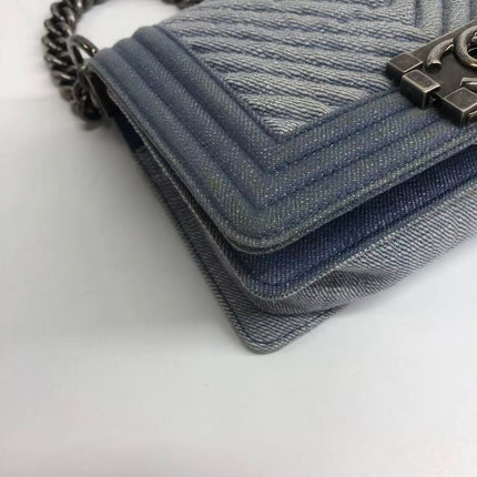 Chanel Le Boy Small Denim Blue Jeans Chevron Stitching Silver Hardware