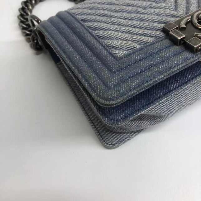 Chanel Le Boy Small Denim Blue Jeans Chevron Stitching Silver Hardware