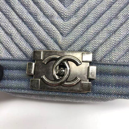 Chanel Le Boy Small Denim Blue Jeans Chevron Stitching Silver Hardware