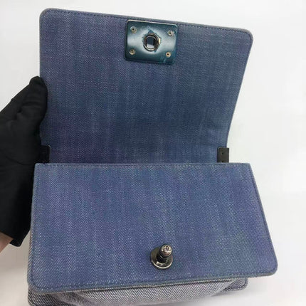 Chanel Le Boy Small Denim Blue Jeans Chevron Stitching Silver Hardware