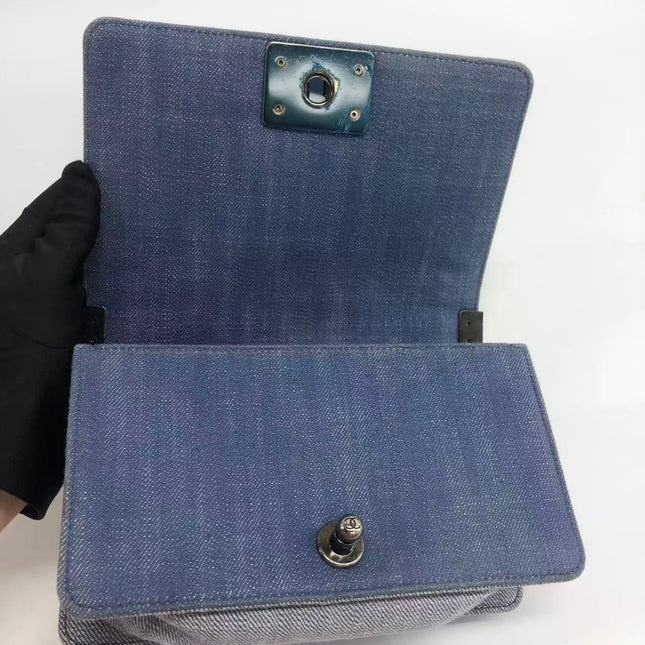 Chanel Le Boy Small Denim Blue Jeans Chevron Stitching Silver Hardware