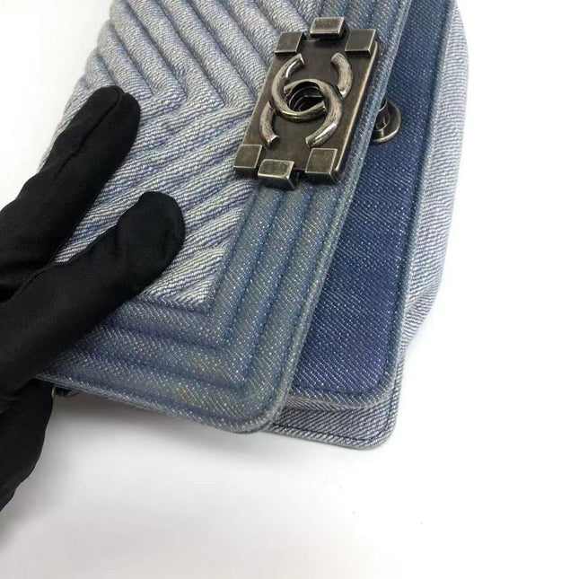 Chanel Le Boy Small Denim Blue Jeans Chevron Stitching Silver Hardware