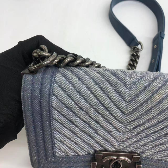 Chanel Le Boy Small Denim Blue Jeans Chevron Stitching Silver Hardware