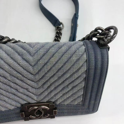 Chanel Le Boy Small Denim Blue Jeans Chevron Stitching Silver Hardware