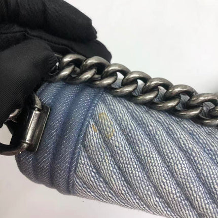 Chanel Le Boy Small Denim Blue Jeans Chevron Stitching Silver Hardware